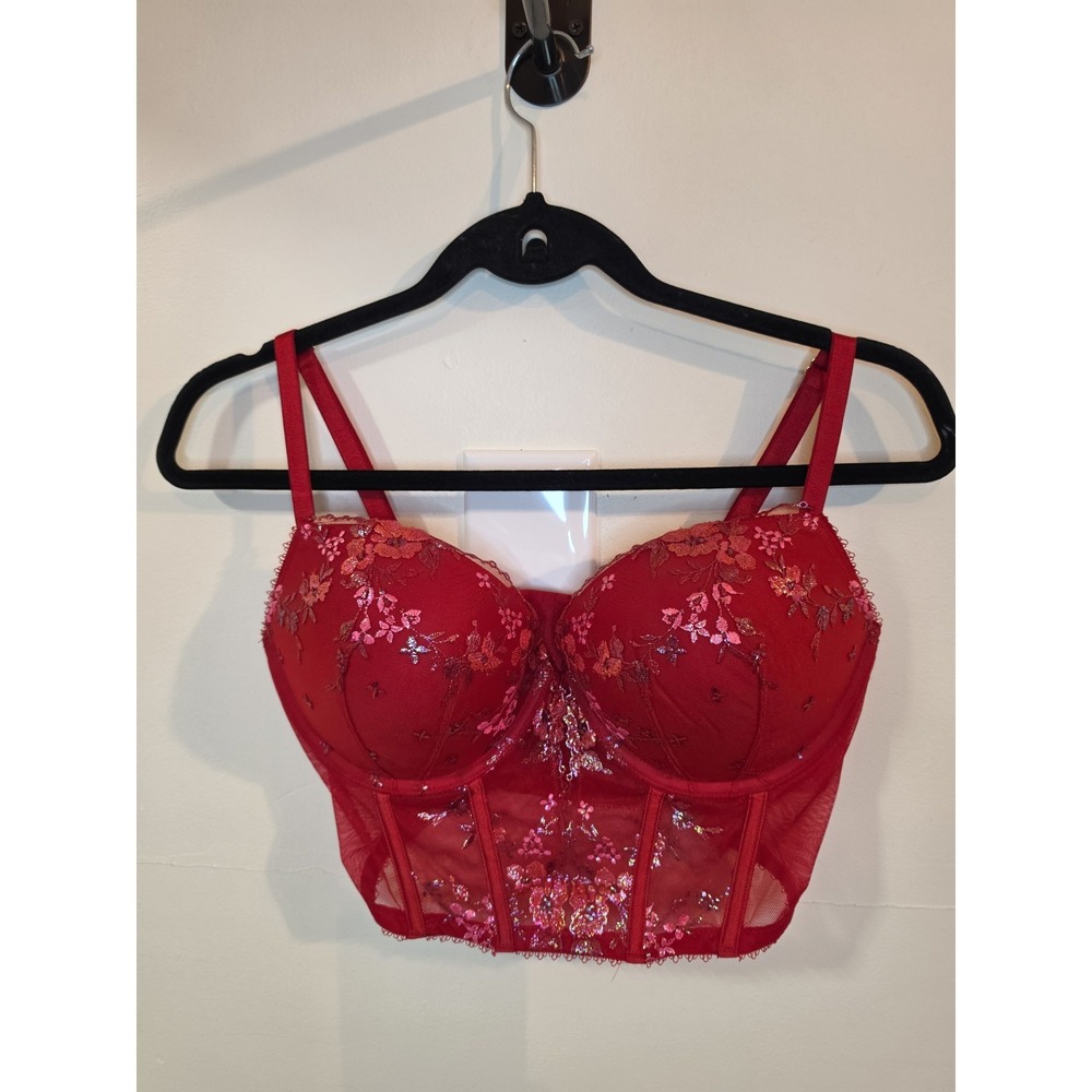 Victoria's Secret Bra Very Sexy Long Line Red W/Shiny Floral Embroidery 36D